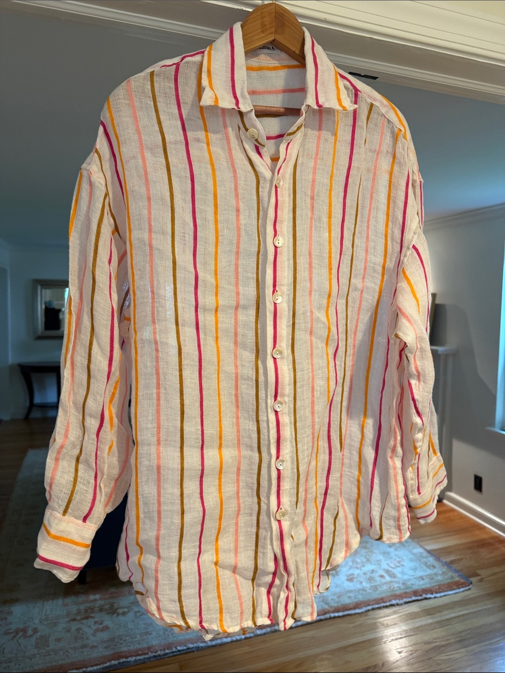 Vitamin A White Linen Button-Up Shirt with Pink, Yellow & Tan Stripes